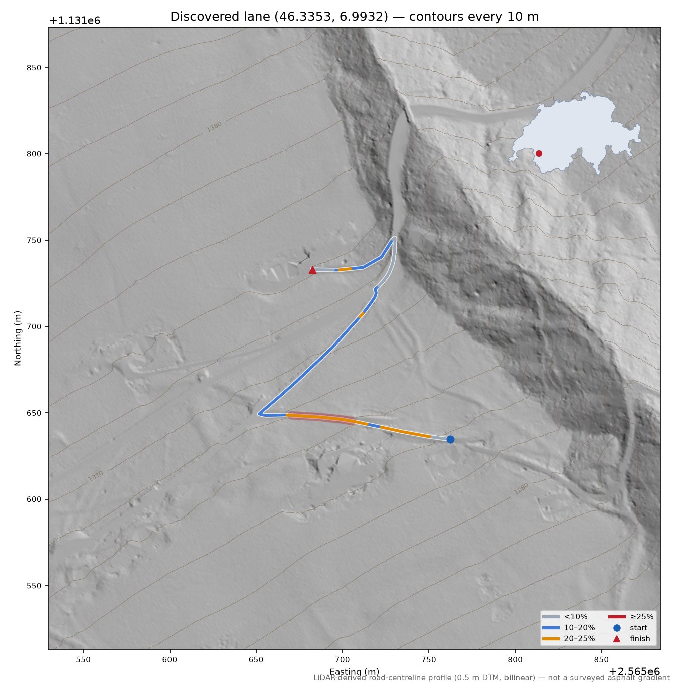 Discovered lane (46.3353, 6.9932) LiDAR hillshade map with contours