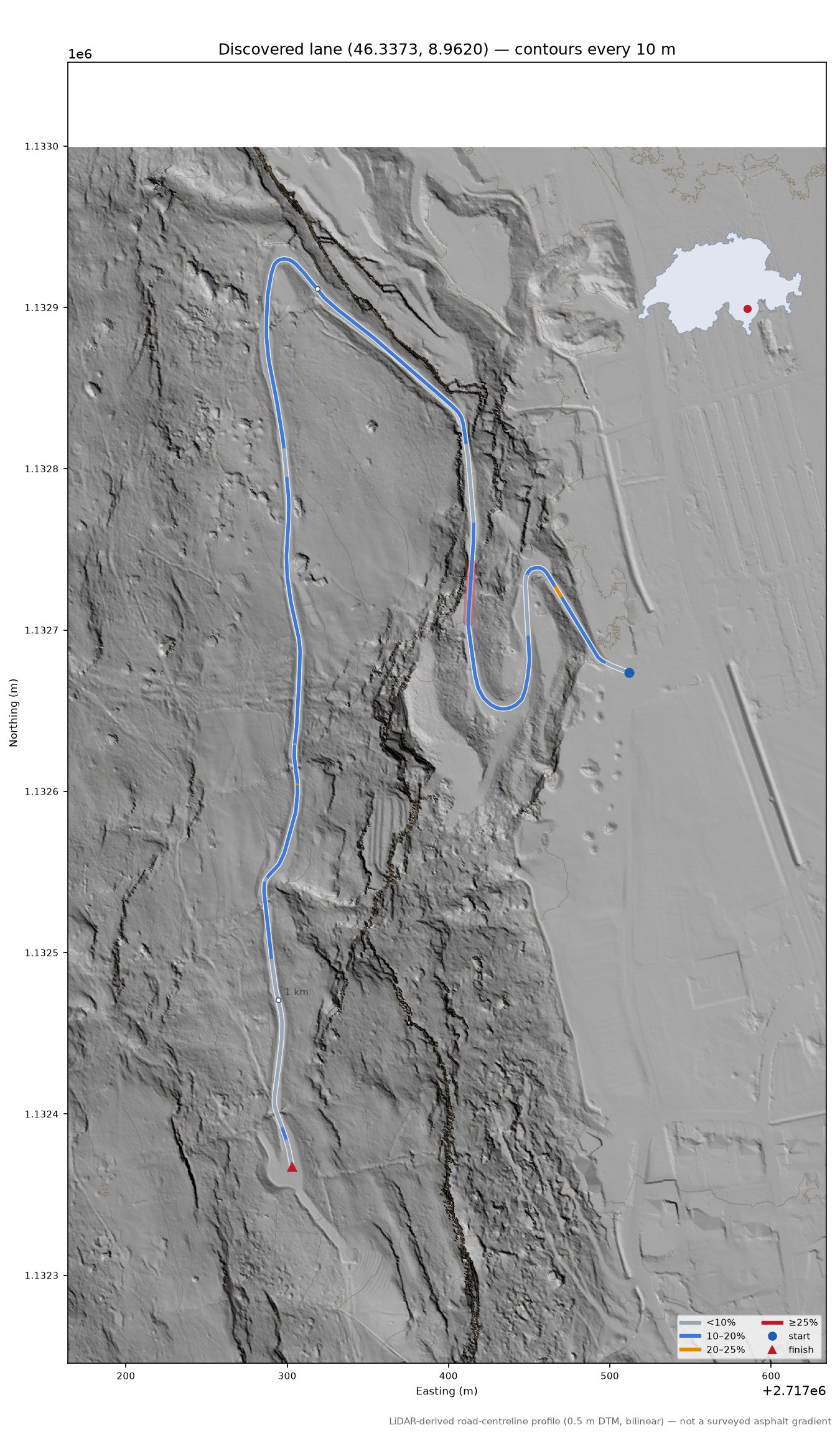 Discovered lane (46.3373, 8.9620) LiDAR hillshade map with contours