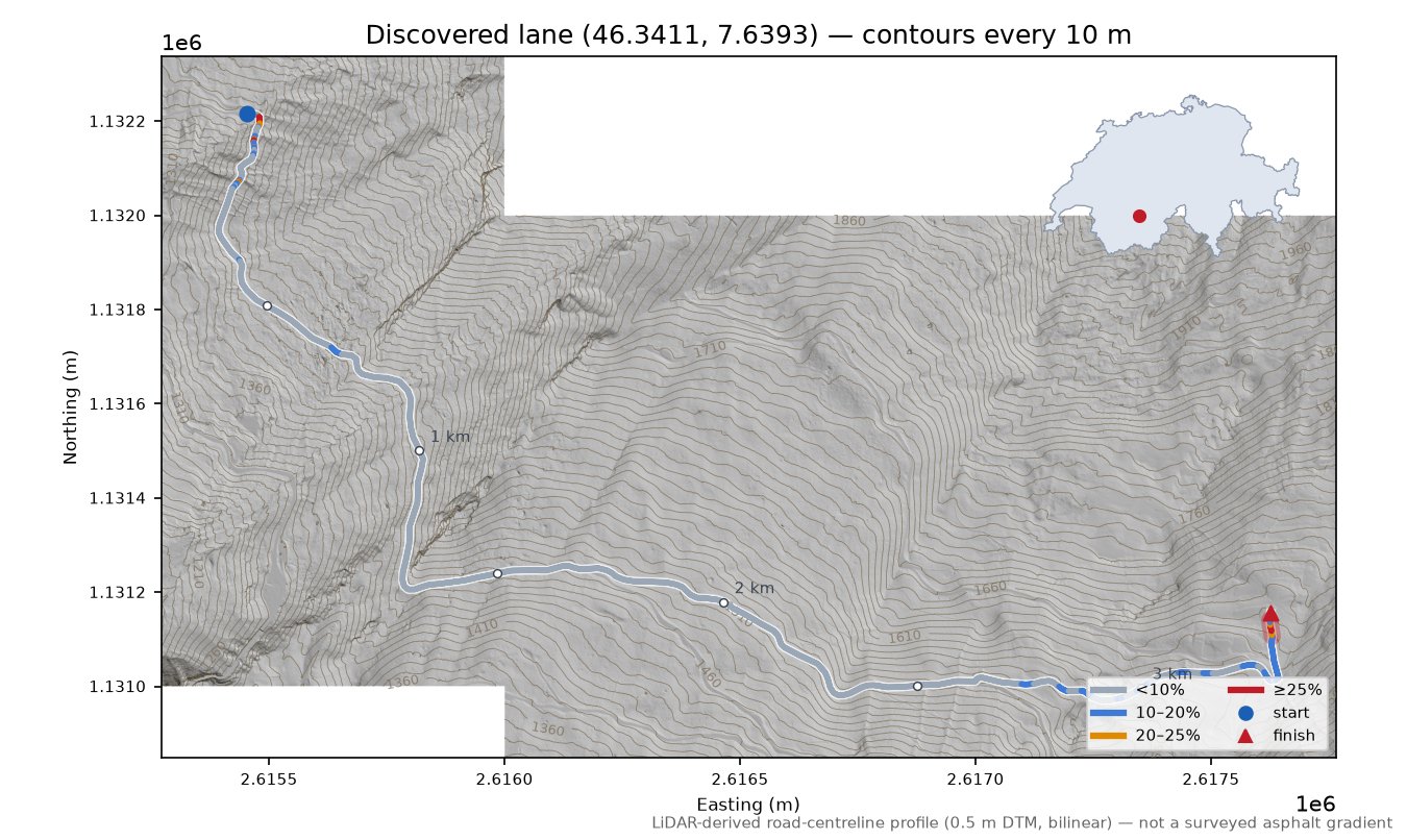 Discovered lane (46.3411, 7.6393) LiDAR hillshade map with contours