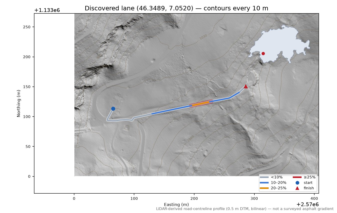 Discovered lane (46.3489, 7.0520) LiDAR hillshade map with contours