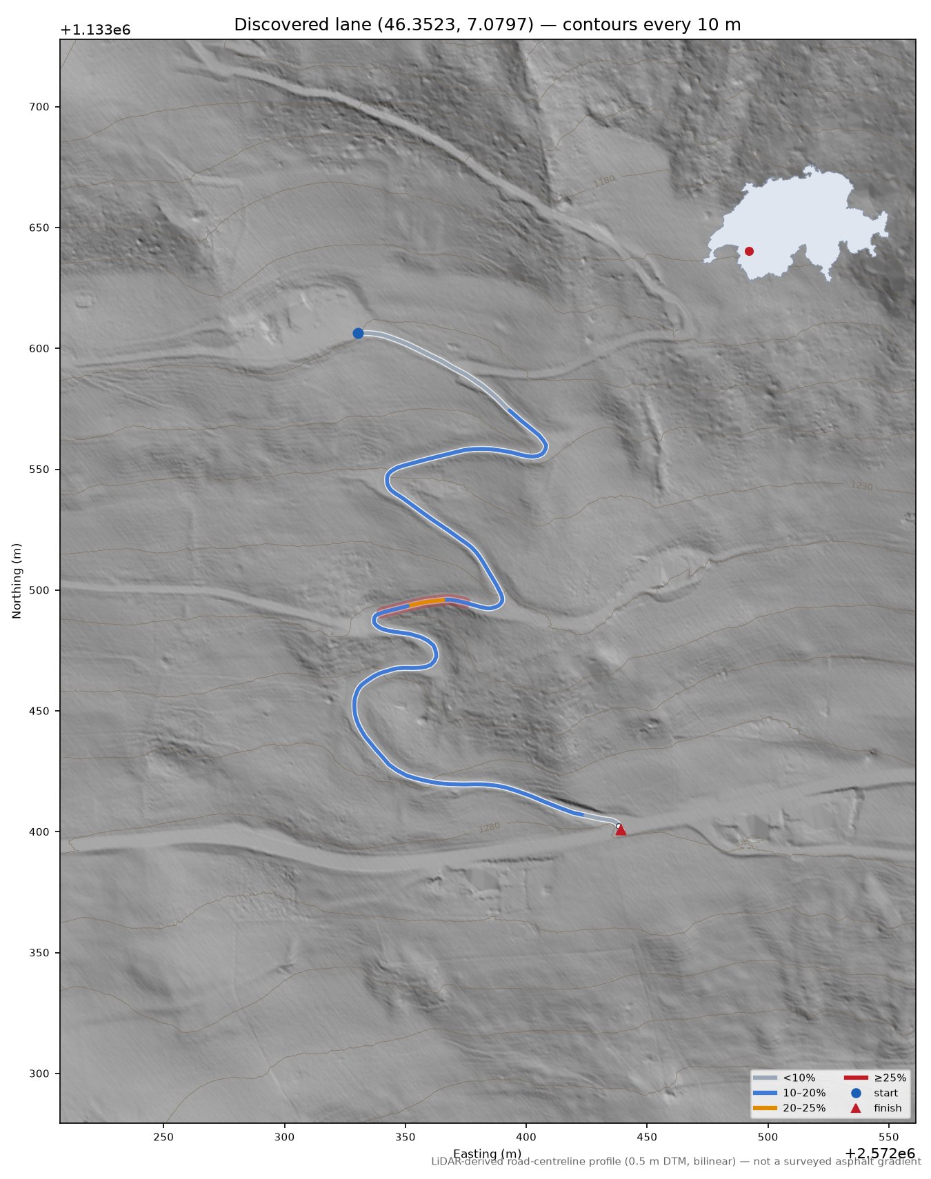 Discovered lane (46.3523, 7.0797) LiDAR hillshade map with contours