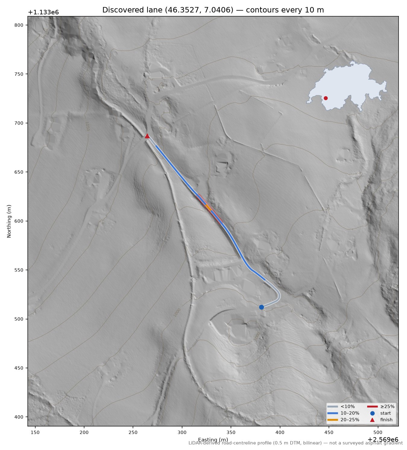 Discovered lane (46.3527, 7.0406) LiDAR hillshade map with contours
