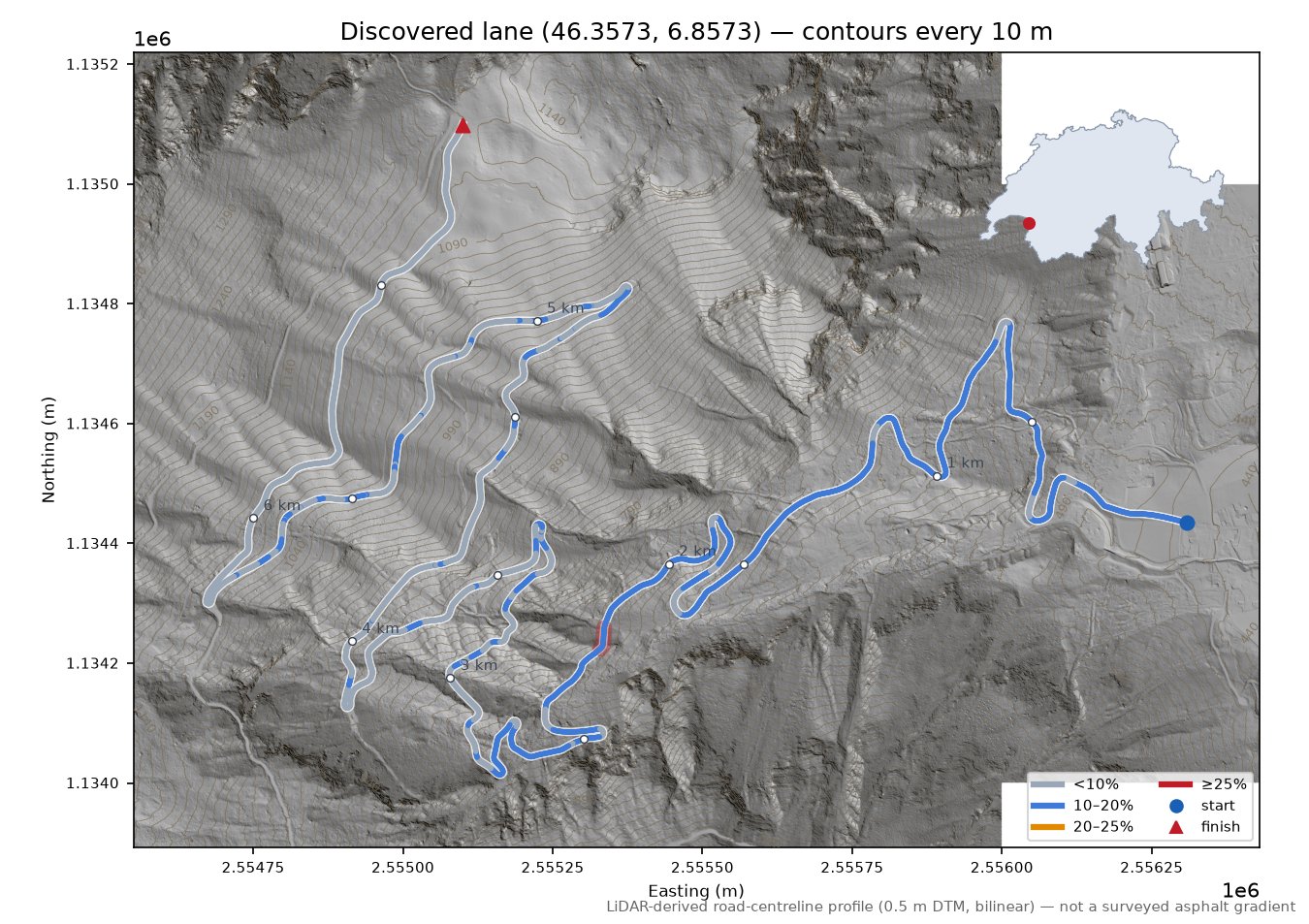Discovered lane (46.3573, 6.8573) LiDAR hillshade map with contours