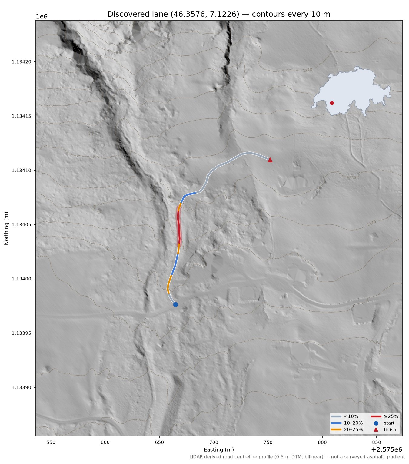 Discovered lane (46.3576, 7.1226) LiDAR hillshade map with contours