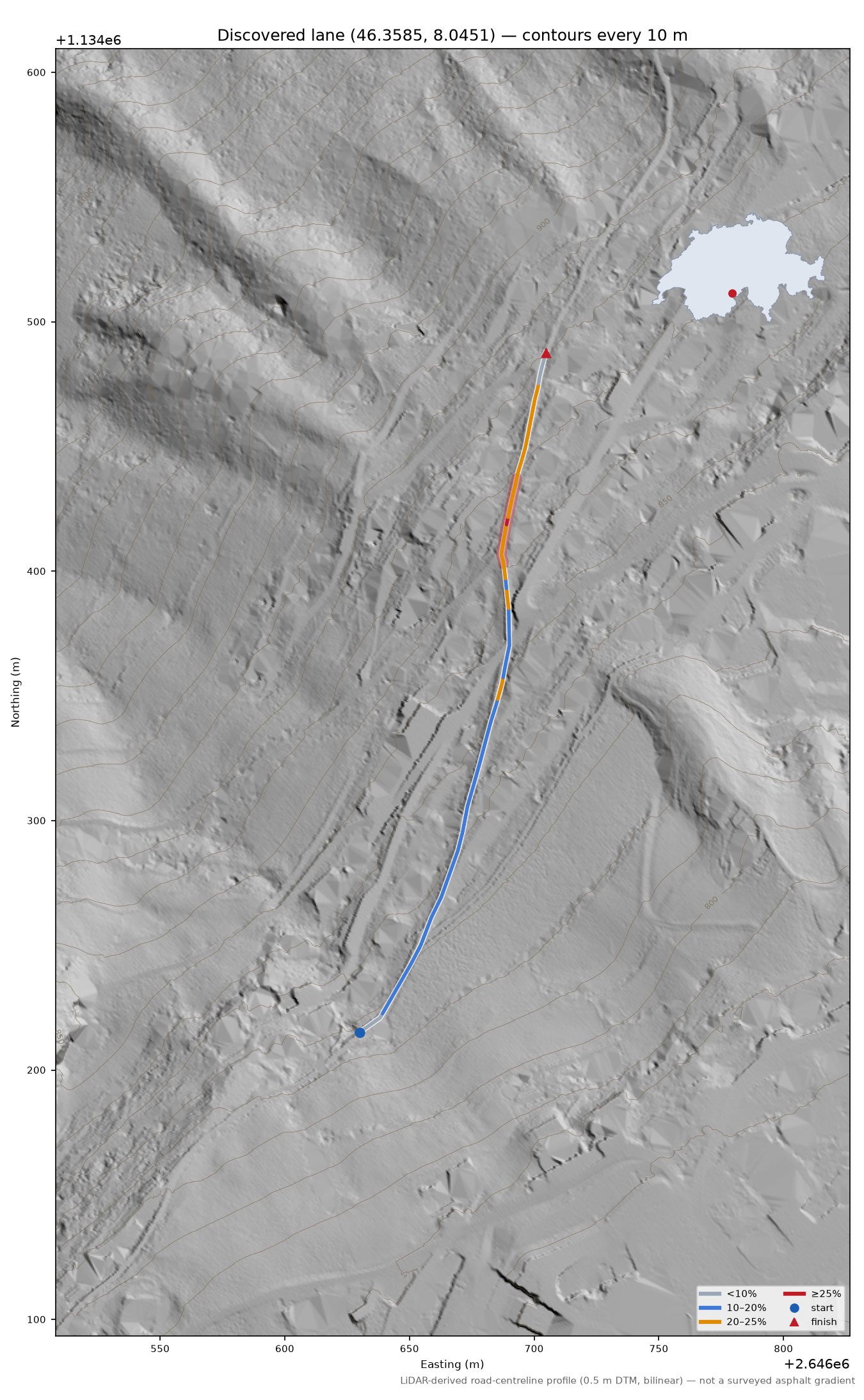 Discovered lane (46.3585, 8.0451) LiDAR hillshade map with contours