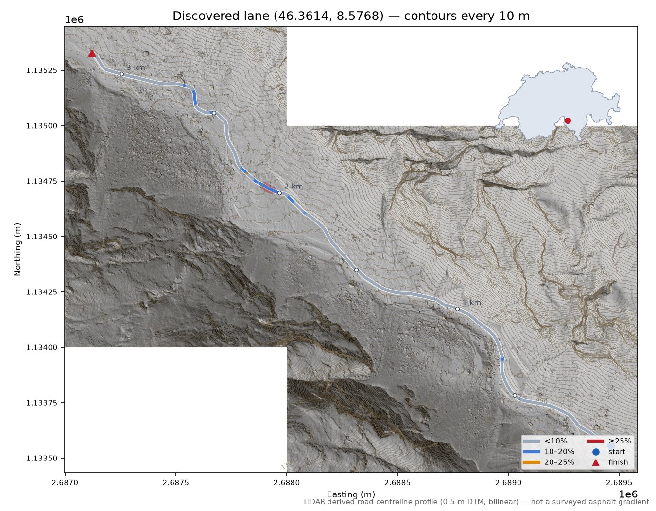 Discovered lane (46.3614, 8.5768) LiDAR hillshade map with contours