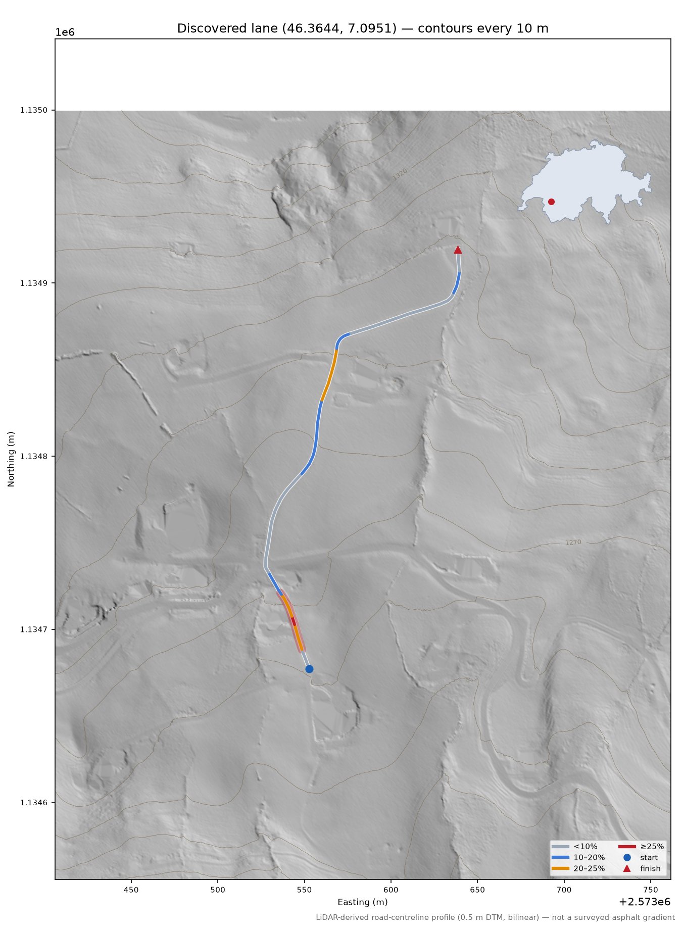 Discovered lane (46.3644, 7.0951) LiDAR hillshade map with contours