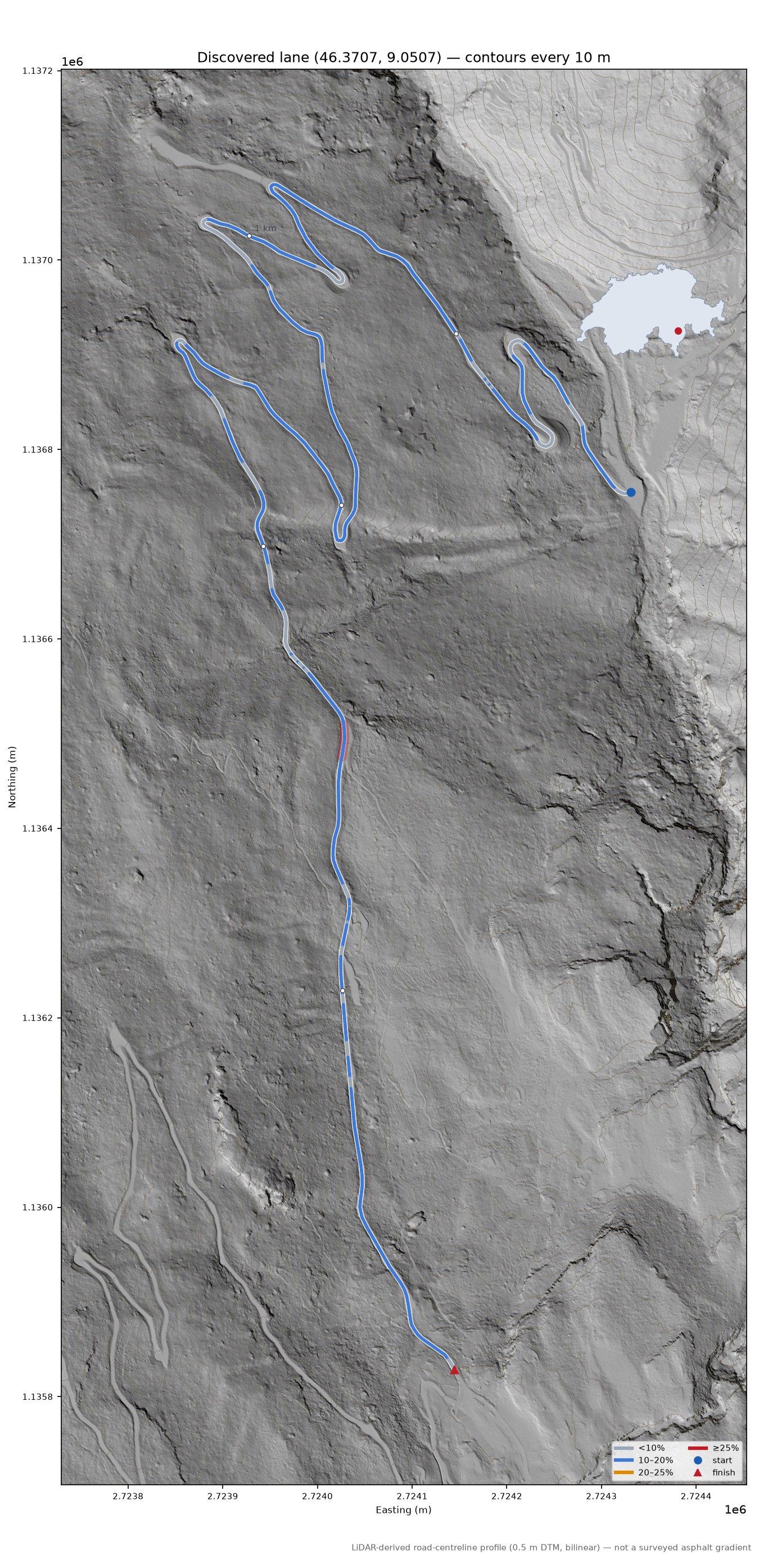 Discovered lane (46.3707, 9.0507) LiDAR hillshade map with contours
