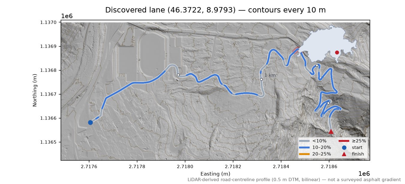 Discovered lane (46.3722, 8.9793) LiDAR hillshade map with contours
