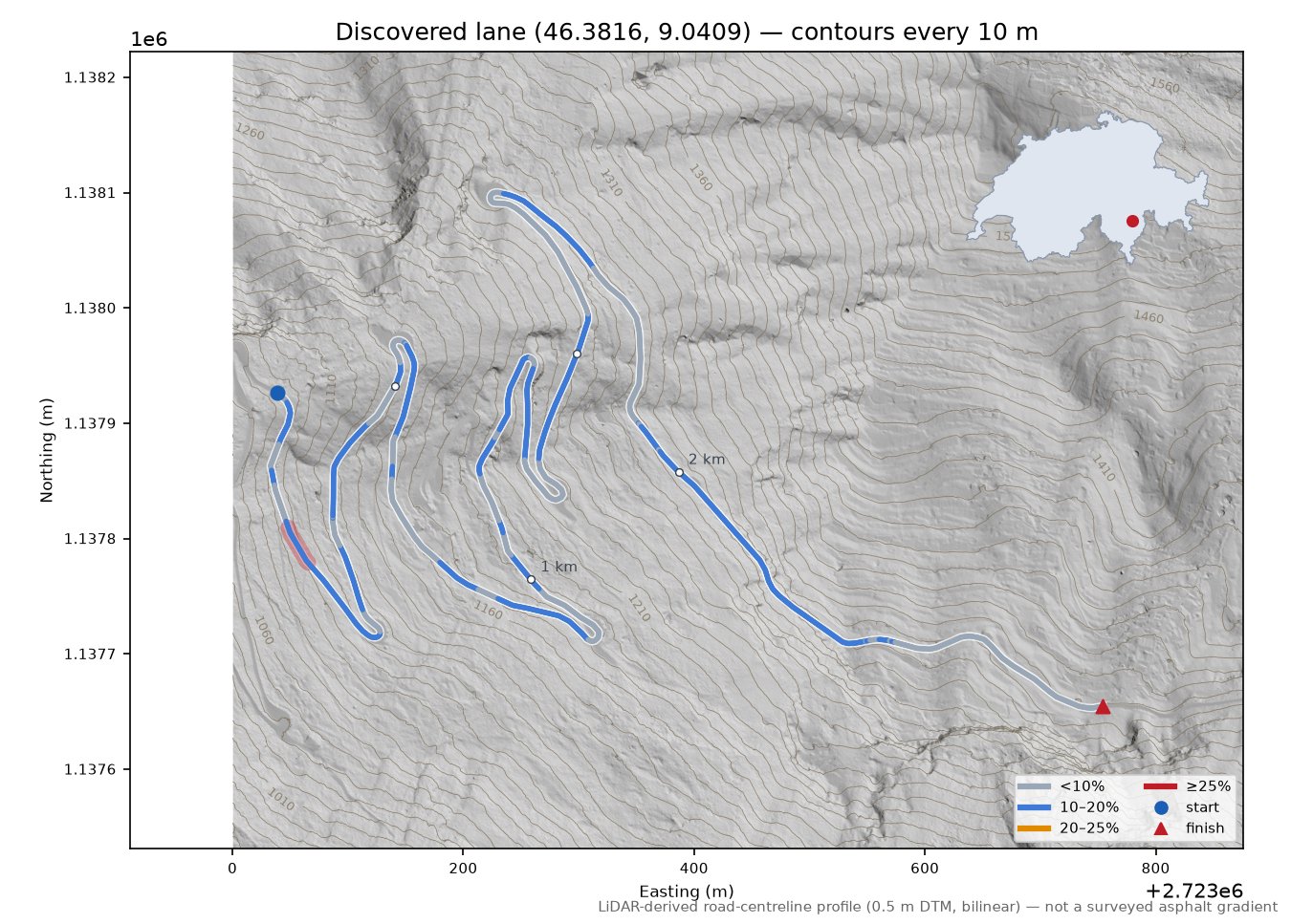 Discovered lane (46.3816, 9.0409) LiDAR hillshade map with contours