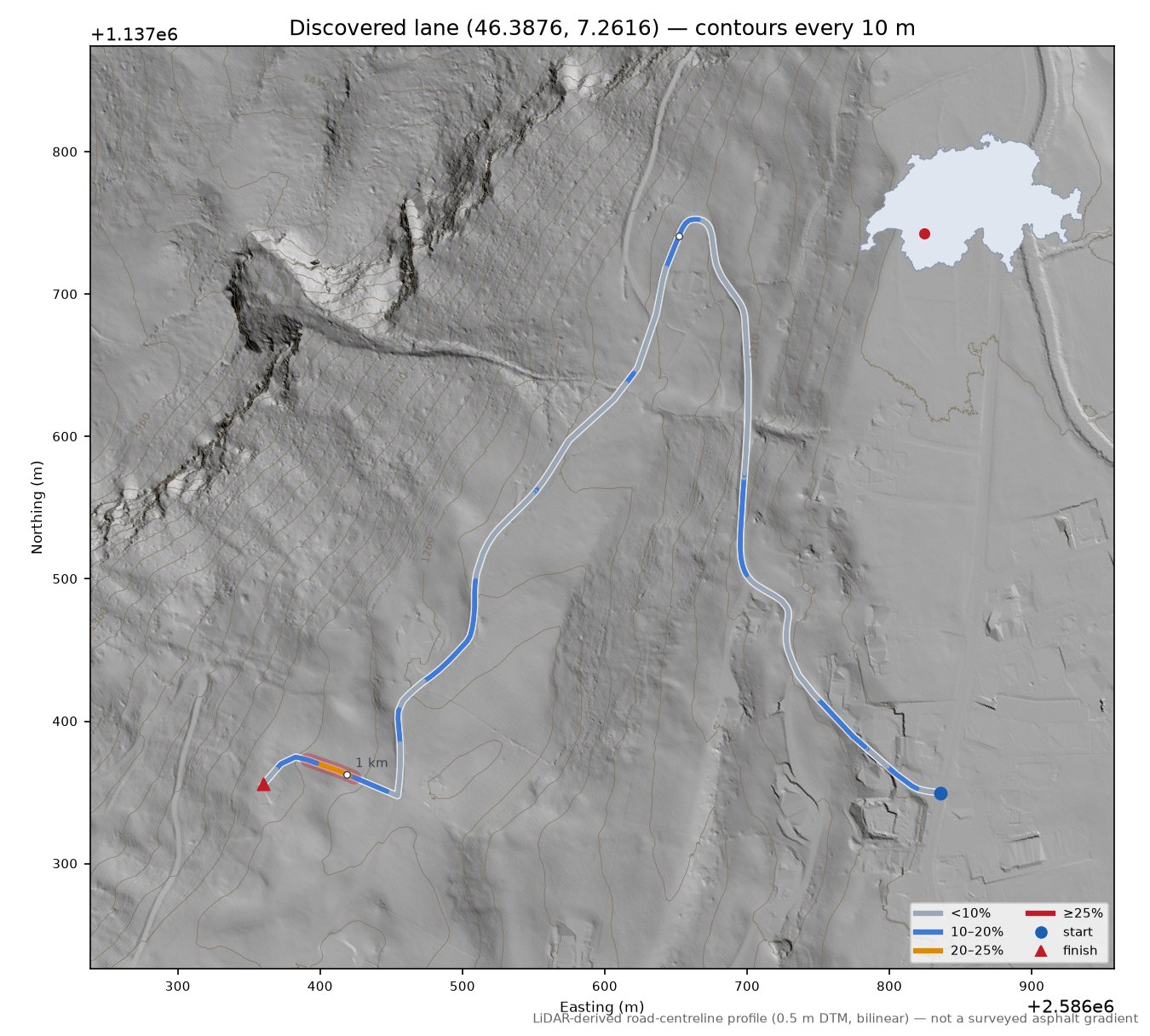 Discovered lane (46.3876, 7.2616) LiDAR hillshade map with contours