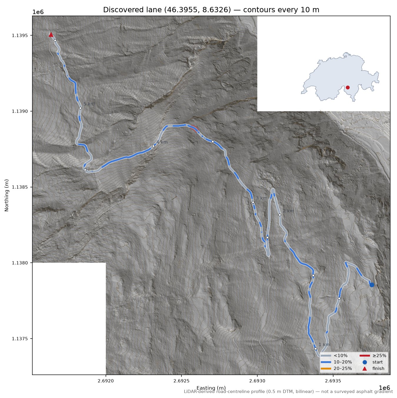 Discovered lane (46.3955, 8.6326) LiDAR hillshade map with contours