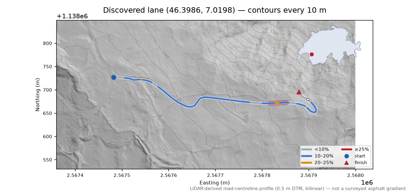 Discovered lane (46.3986, 7.0198) LiDAR hillshade map with contours
