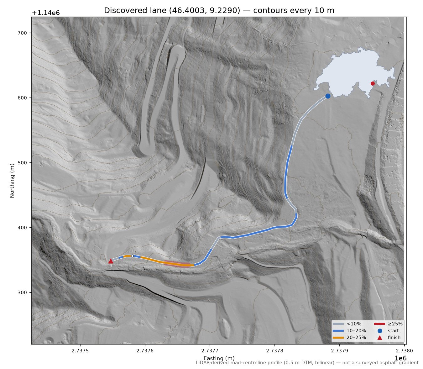 Discovered lane (46.4003, 9.2290) LiDAR hillshade map with contours