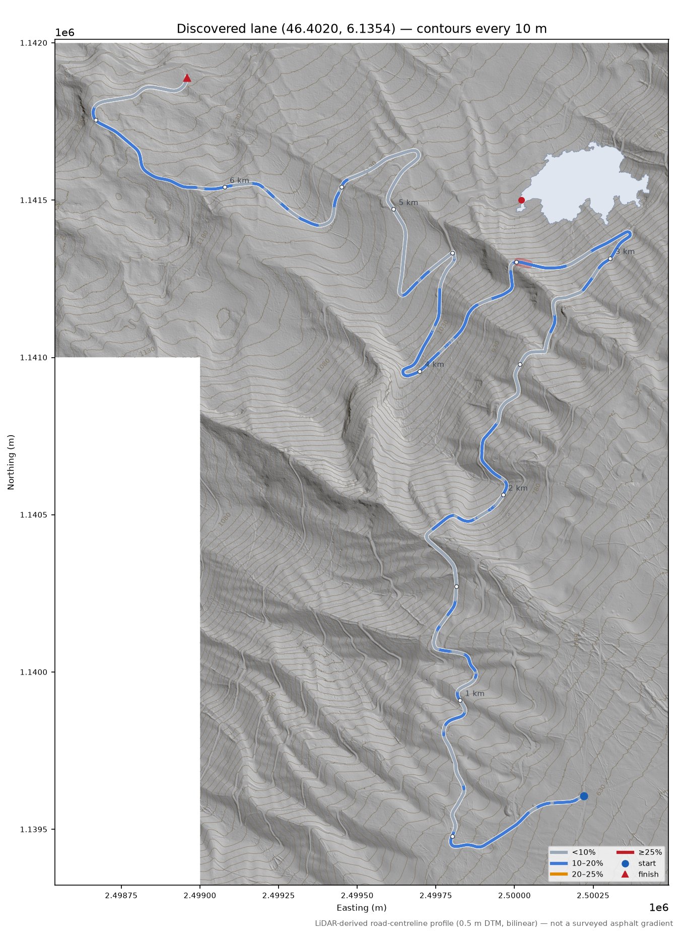 Discovered lane (46.4020, 6.1354) LiDAR hillshade map with contours