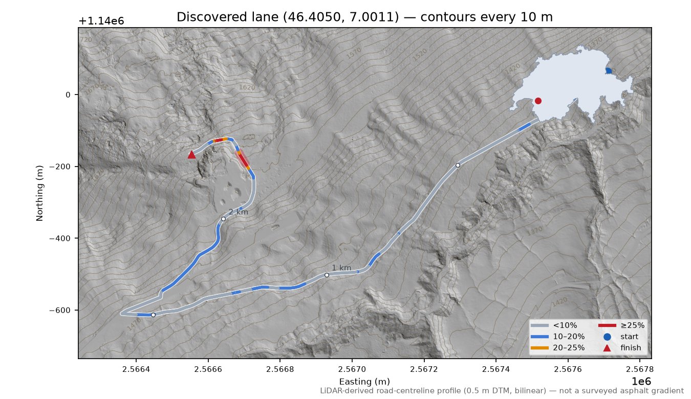 Discovered lane (46.4050, 7.0011) LiDAR hillshade map with contours