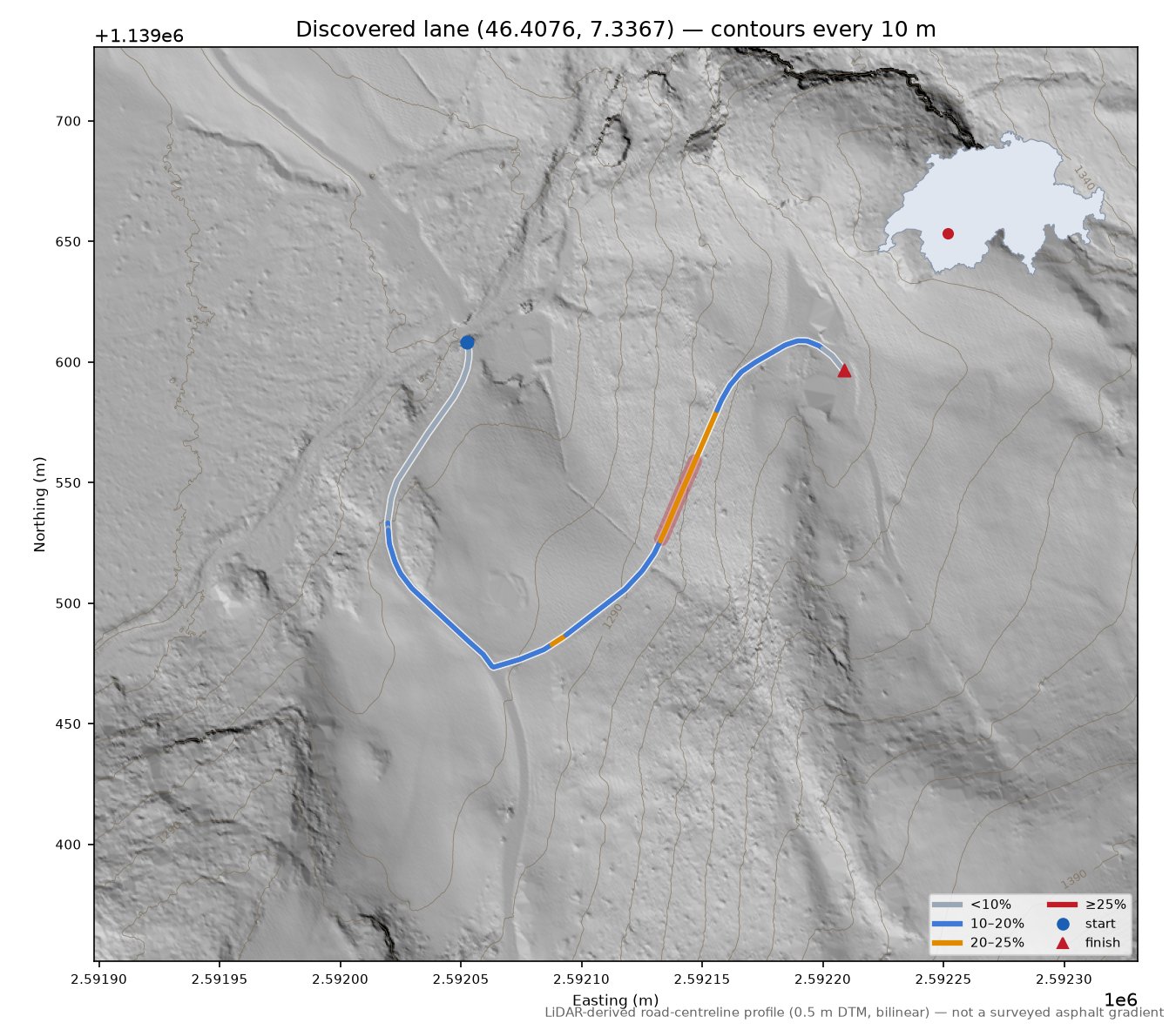Discovered lane (46.4076, 7.3367) LiDAR hillshade map with contours