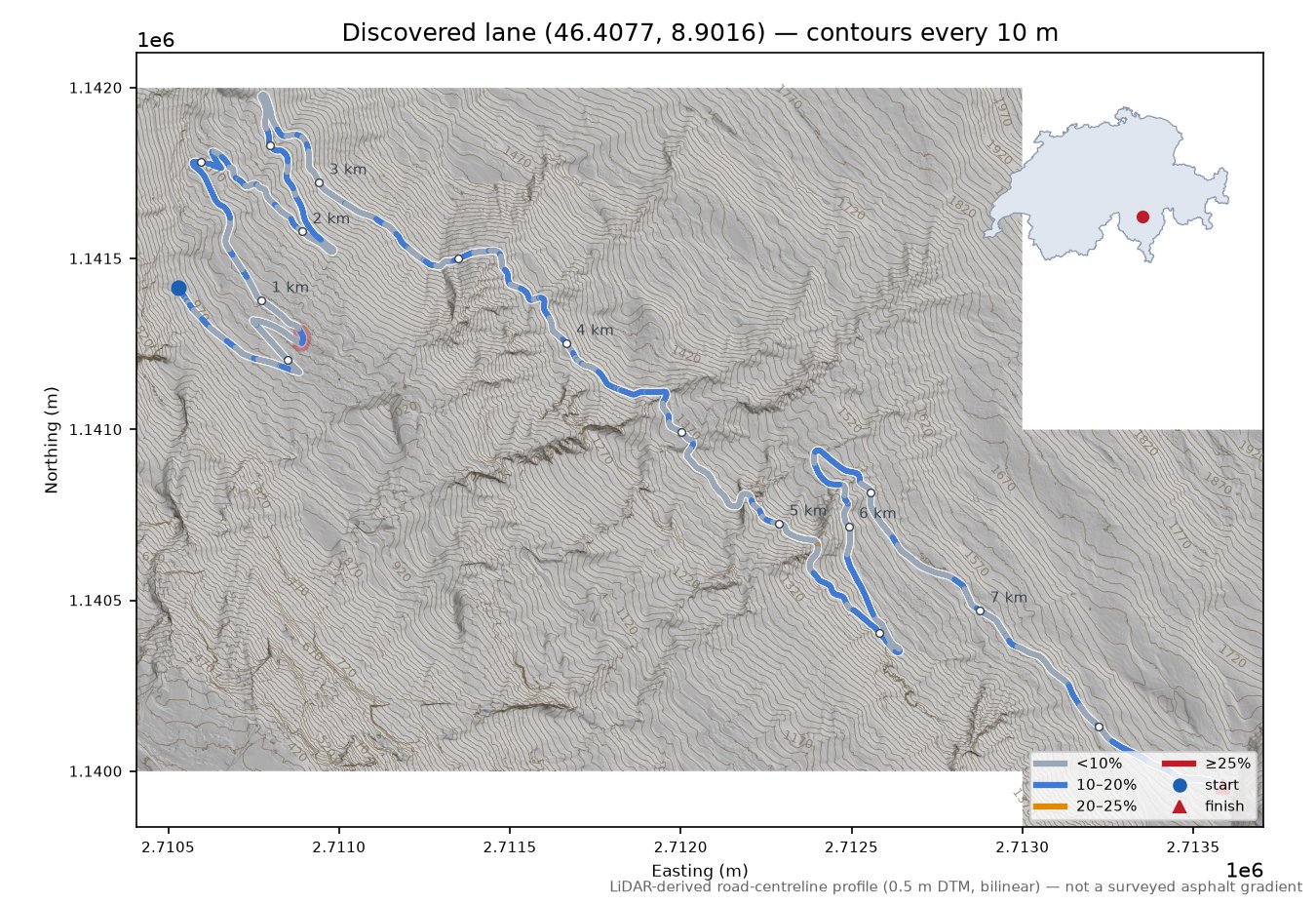 Discovered lane (46.4077, 8.9016) LiDAR hillshade map with contours