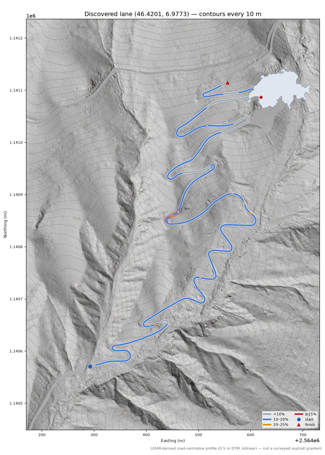 Discovered lane (46.4201, 6.9773) LiDAR hillshade map with contours