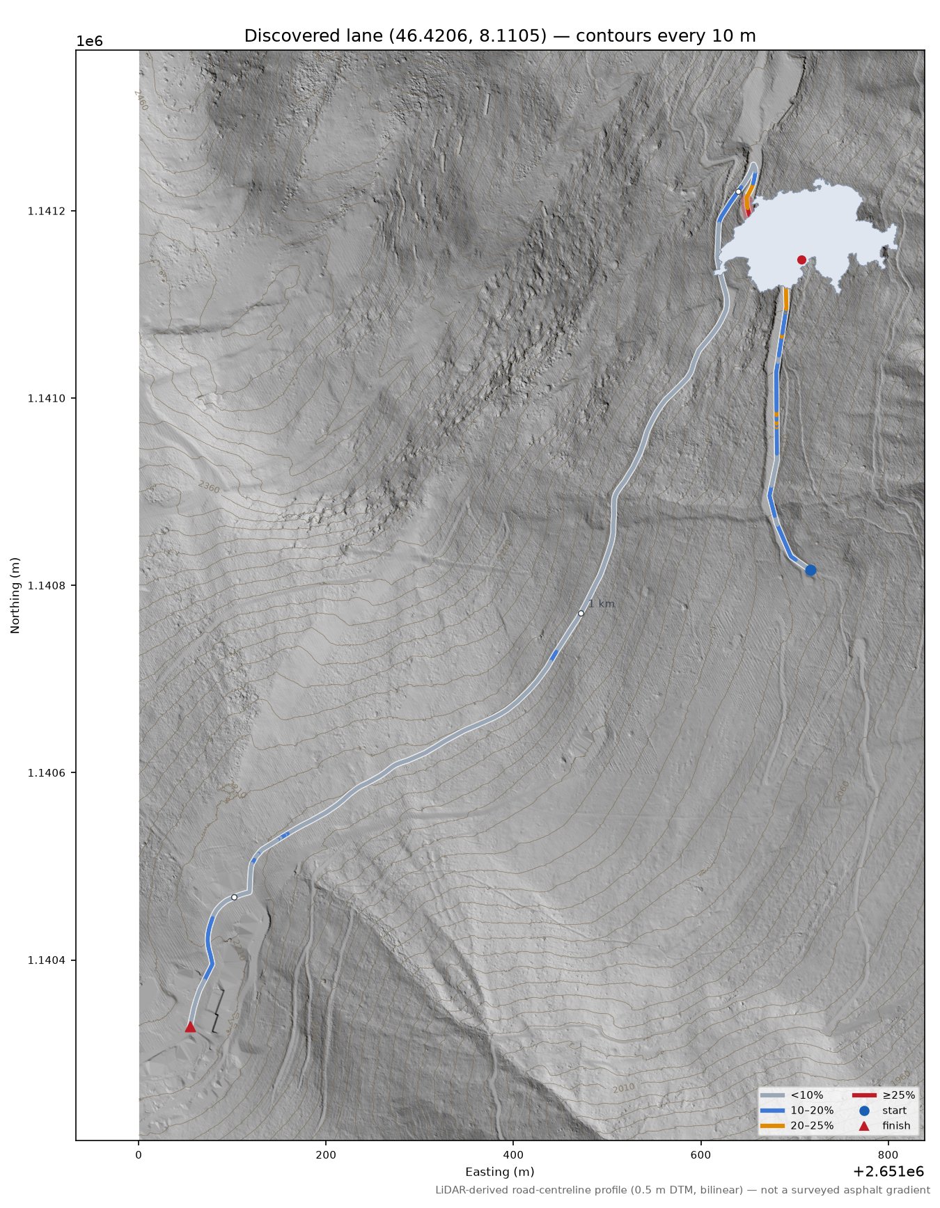 Discovered lane (46.4206, 8.1105) LiDAR hillshade map with contours