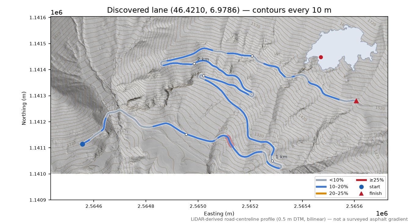Discovered lane (46.4210, 6.9786) LiDAR hillshade map with contours