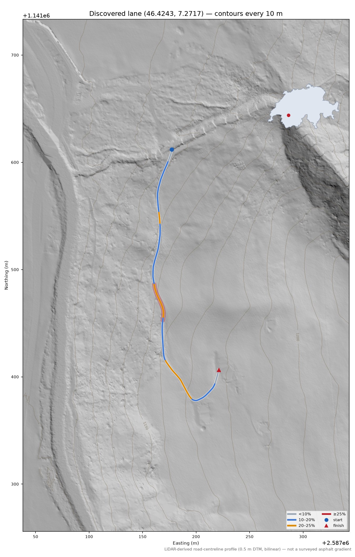 Discovered lane (46.4243, 7.2717) LiDAR hillshade map with contours