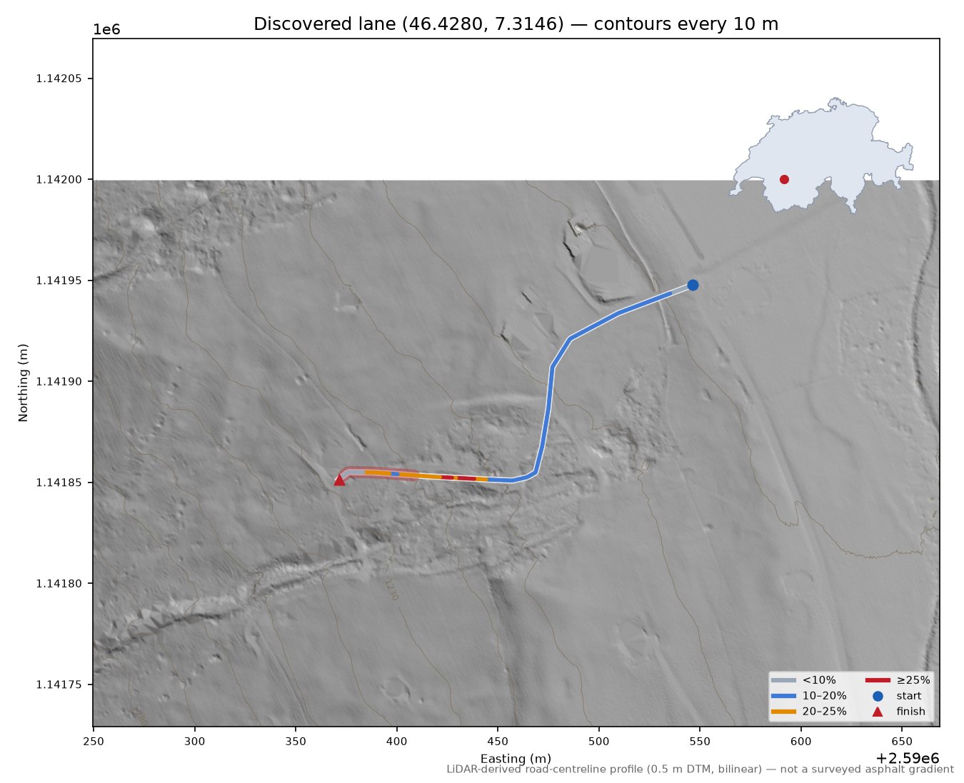 Discovered lane (46.4280, 7.3146) LiDAR hillshade map with contours
