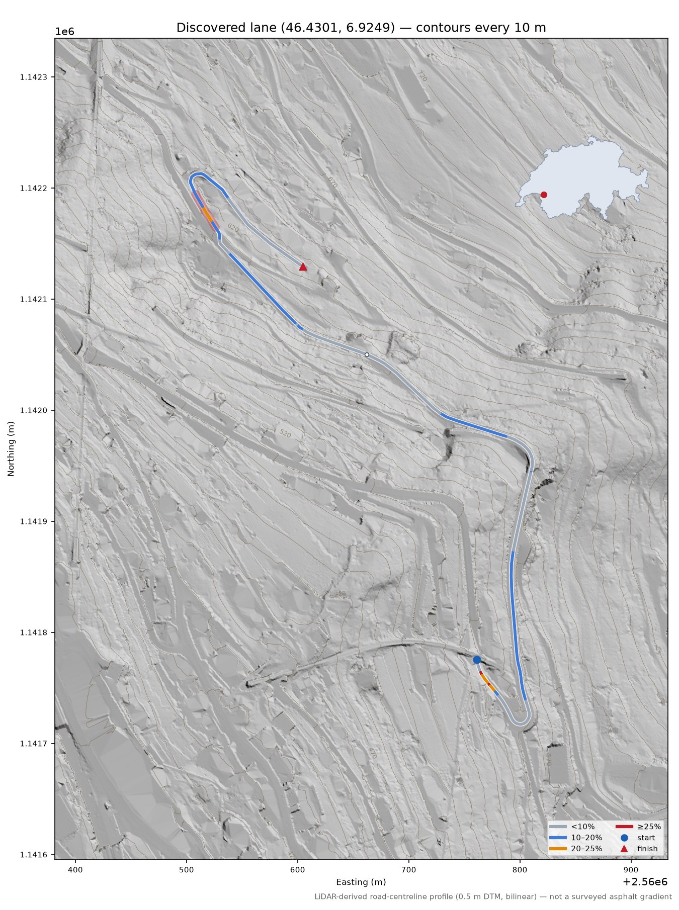 Discovered lane (46.4301, 6.9249) LiDAR hillshade map with contours