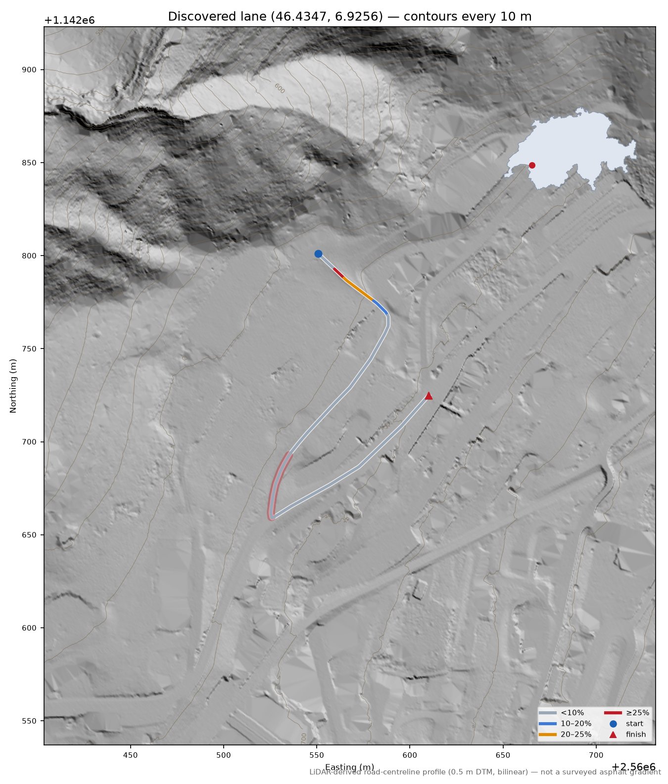 Discovered lane (46.4347, 6.9256) LiDAR hillshade map with contours
