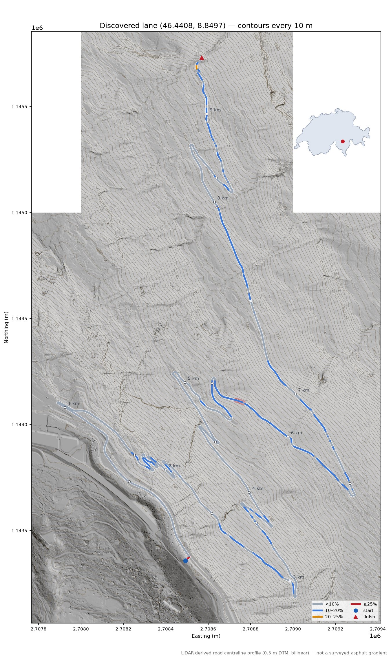 Discovered lane (46.4408, 8.8497) LiDAR hillshade map with contours
