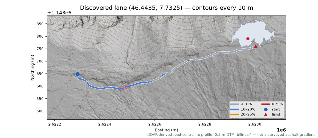 Discovered lane (46.4435, 7.7325) LiDAR hillshade map with contours