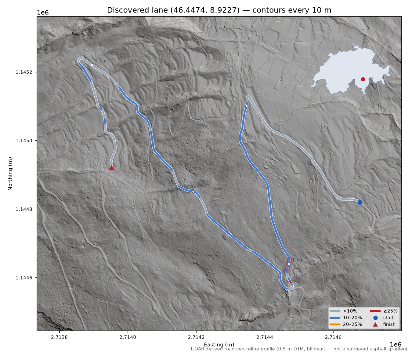 Discovered lane (46.4474, 8.9227) LiDAR hillshade map with contours