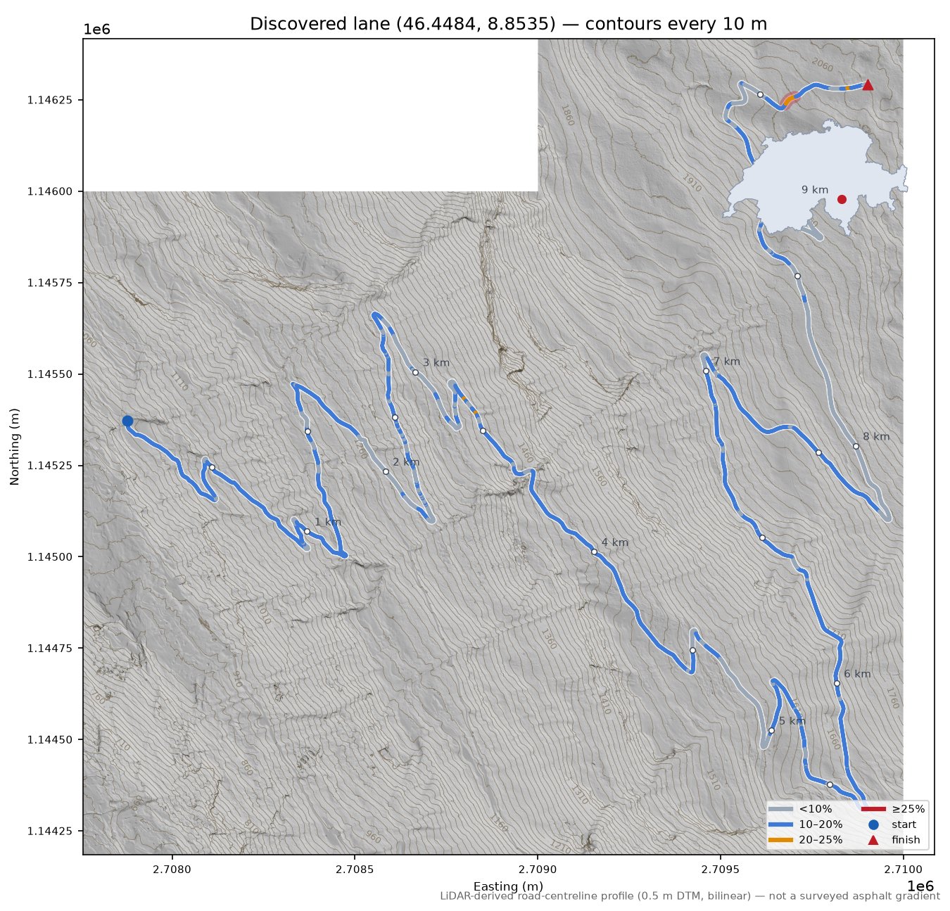Discovered lane (46.4484, 8.8535) LiDAR hillshade map with contours
