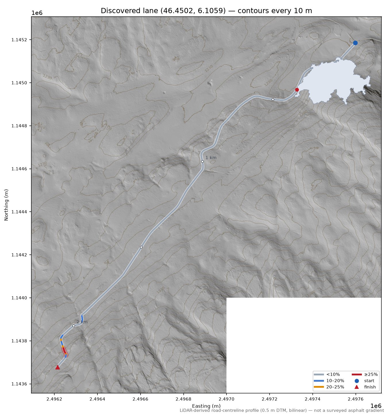 Discovered lane (46.4502, 6.1059) LiDAR hillshade map with contours