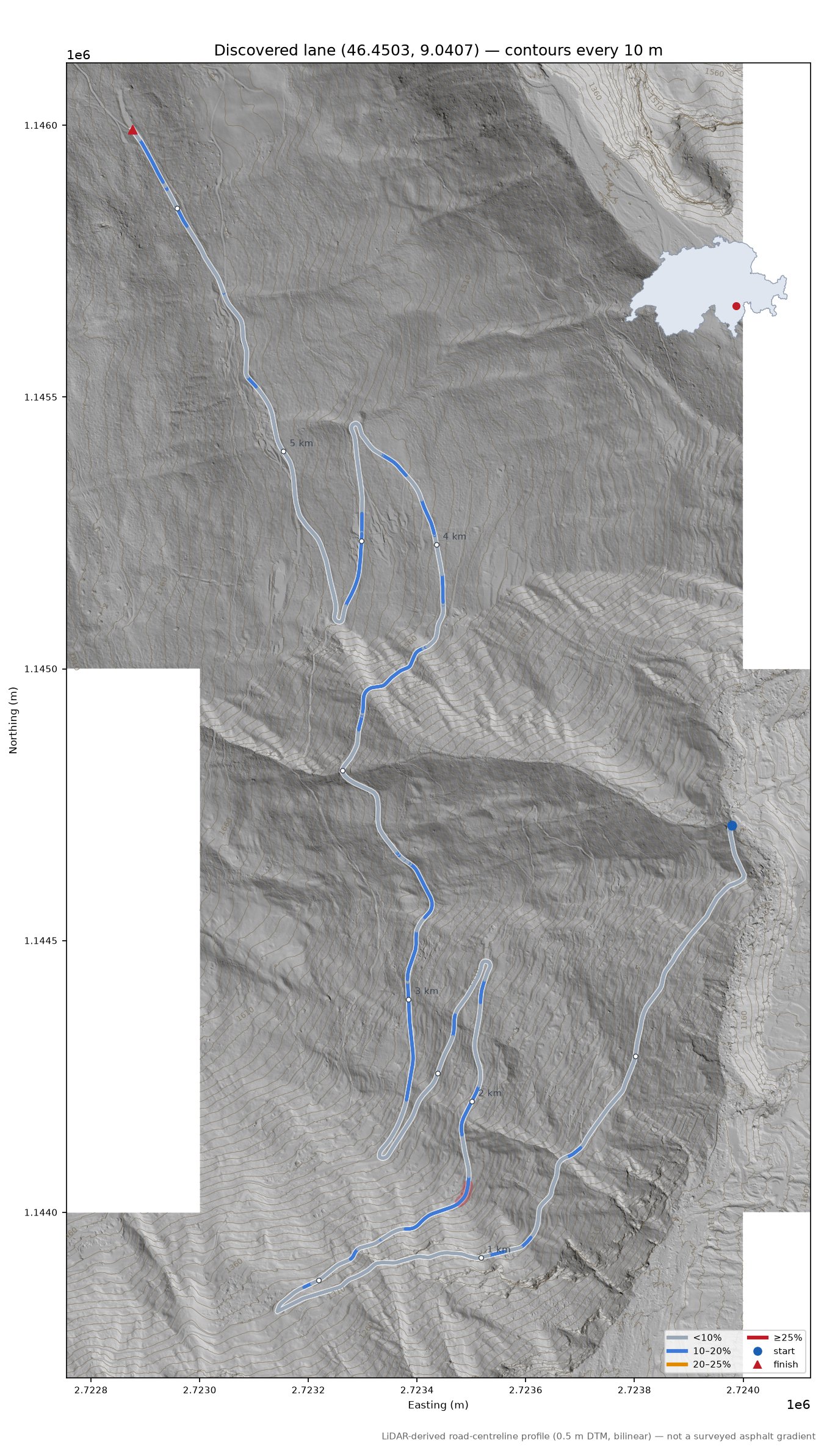 Discovered lane (46.4503, 9.0407) LiDAR hillshade map with contours