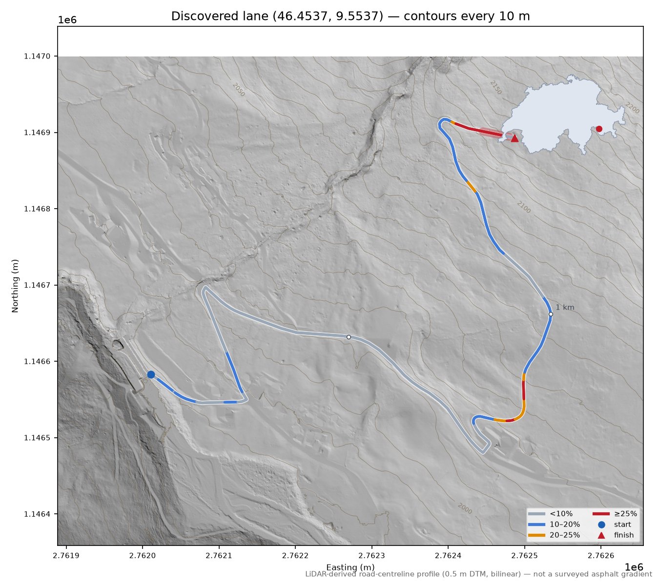 Discovered lane (46.4537, 9.5537) LiDAR hillshade map with contours