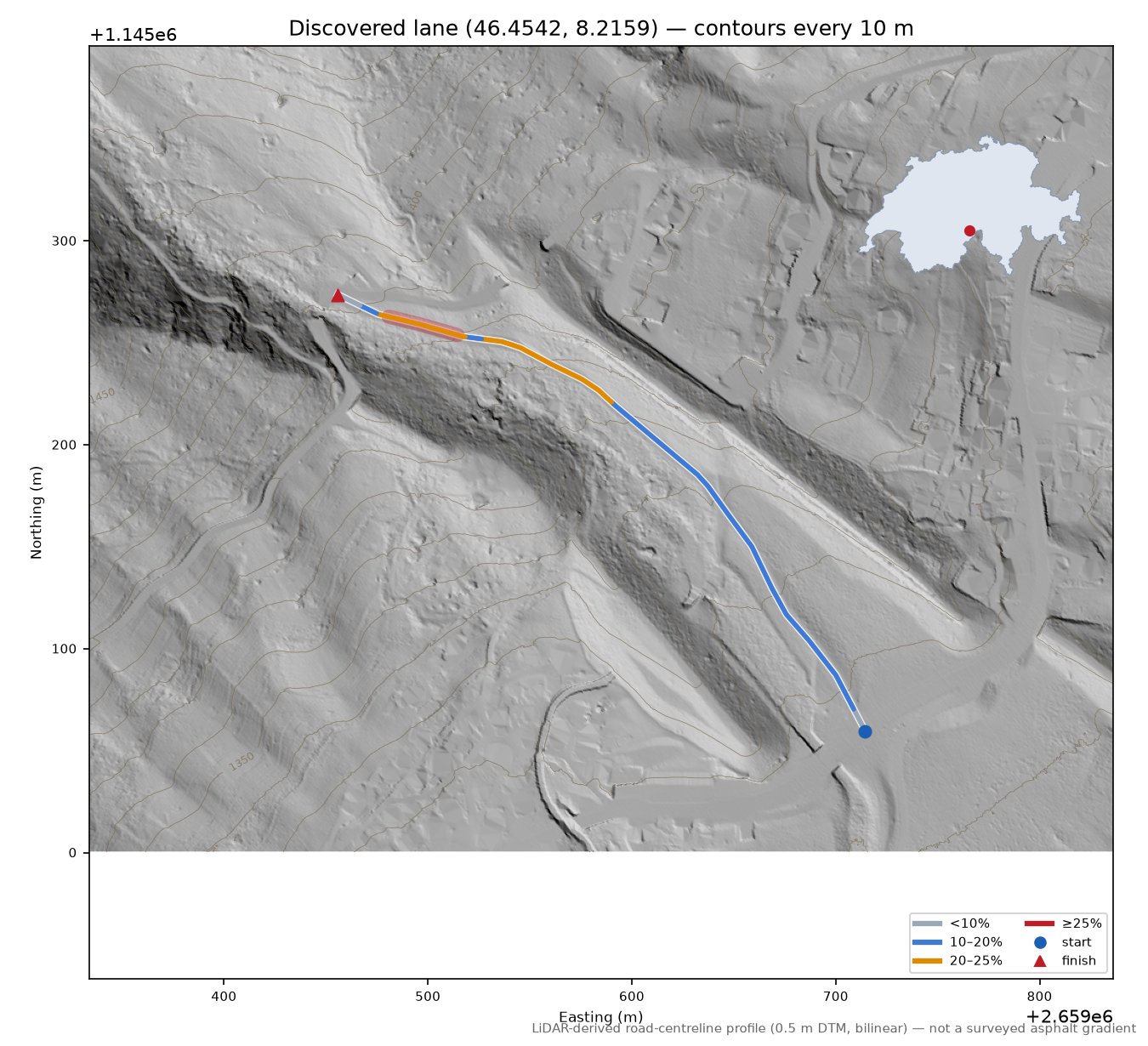 Discovered lane (46.4542, 8.2159) LiDAR hillshade map with contours