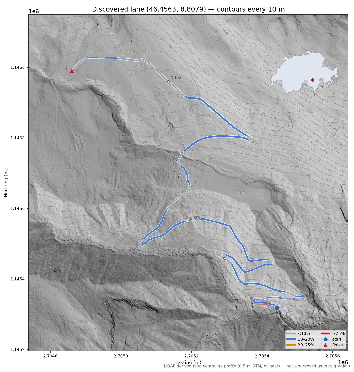 Discovered lane (46.4563, 8.8079) LiDAR hillshade map with contours
