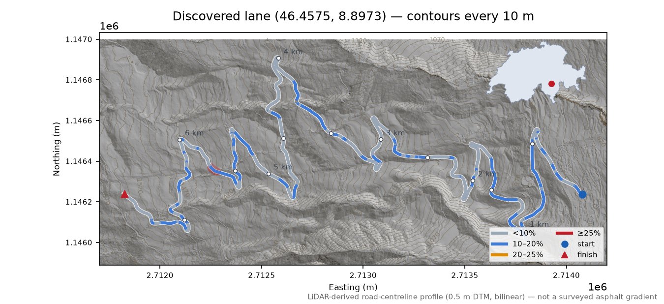 Discovered lane (46.4575, 8.8973) LiDAR hillshade map with contours