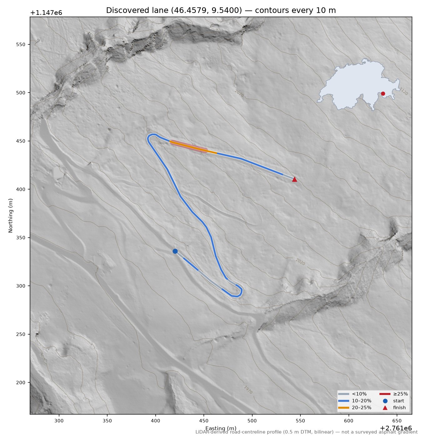Discovered lane (46.4579, 9.5400) LiDAR hillshade map with contours