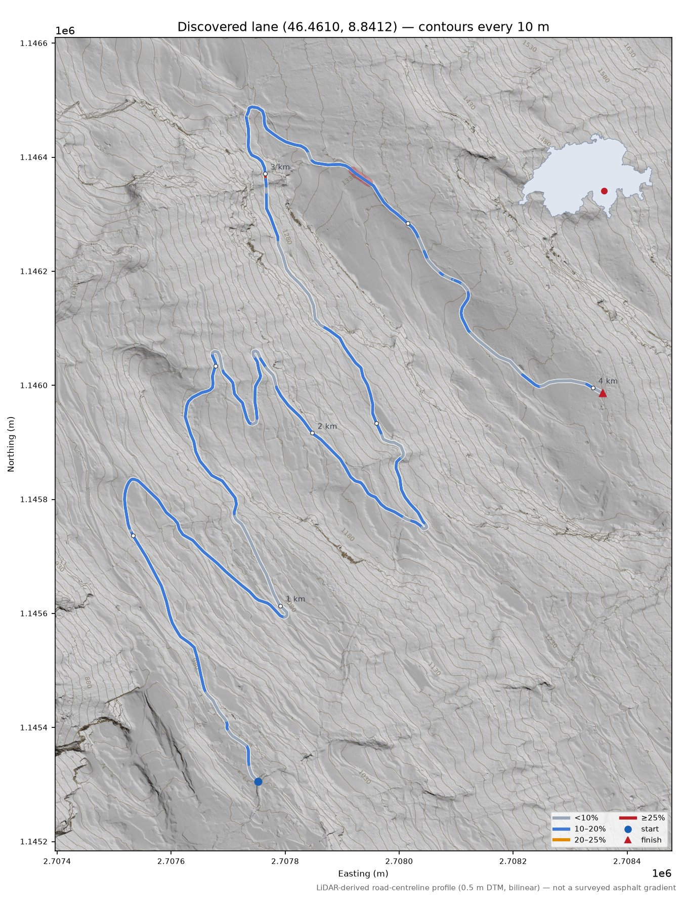Discovered lane (46.4610, 8.8412) LiDAR hillshade map with contours