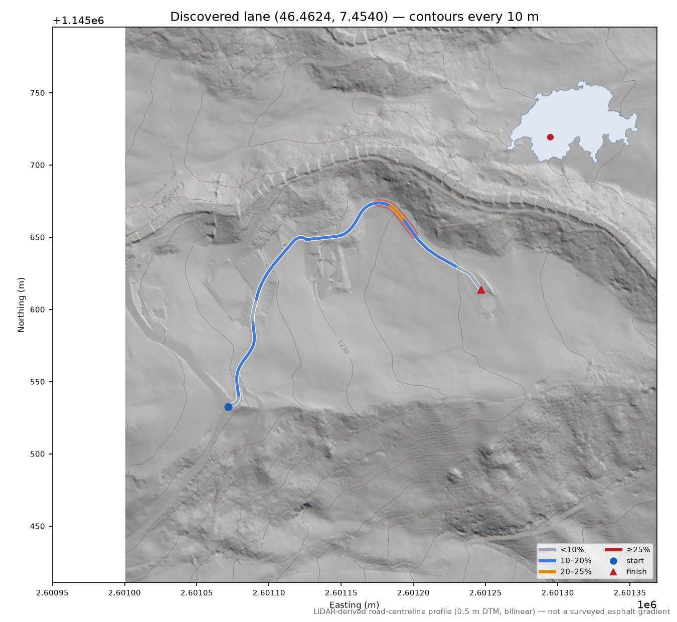 Discovered lane (46.4624, 7.4540) LiDAR hillshade map with contours