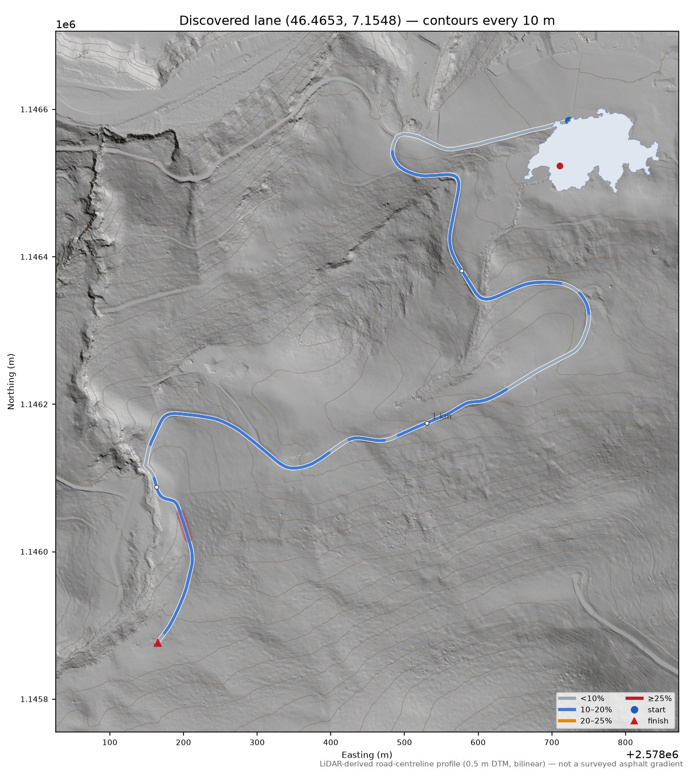 Discovered lane (46.4653, 7.1548) LiDAR hillshade map with contours