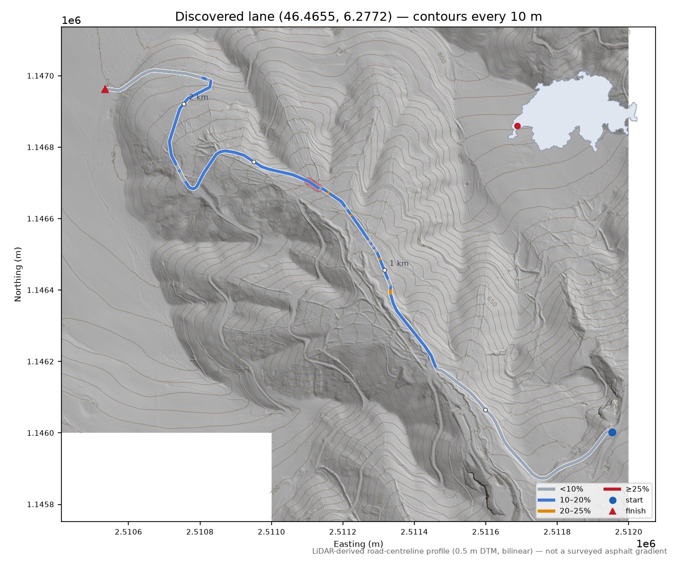 Discovered lane (46.4655, 6.2772) LiDAR hillshade map with contours
