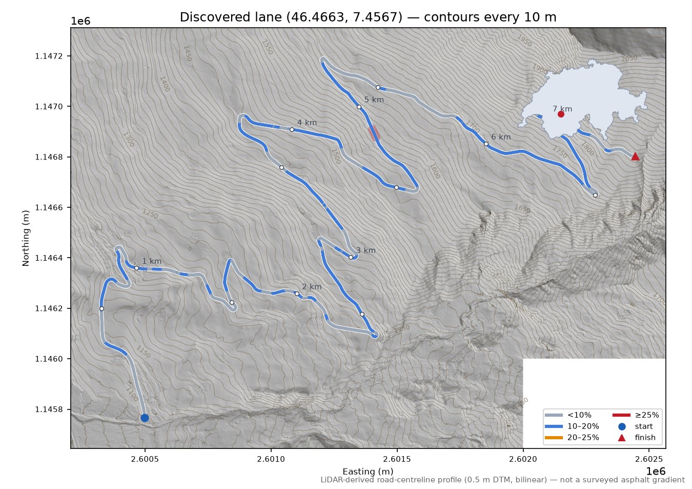 Discovered lane (46.4663, 7.4567) LiDAR hillshade map with contours