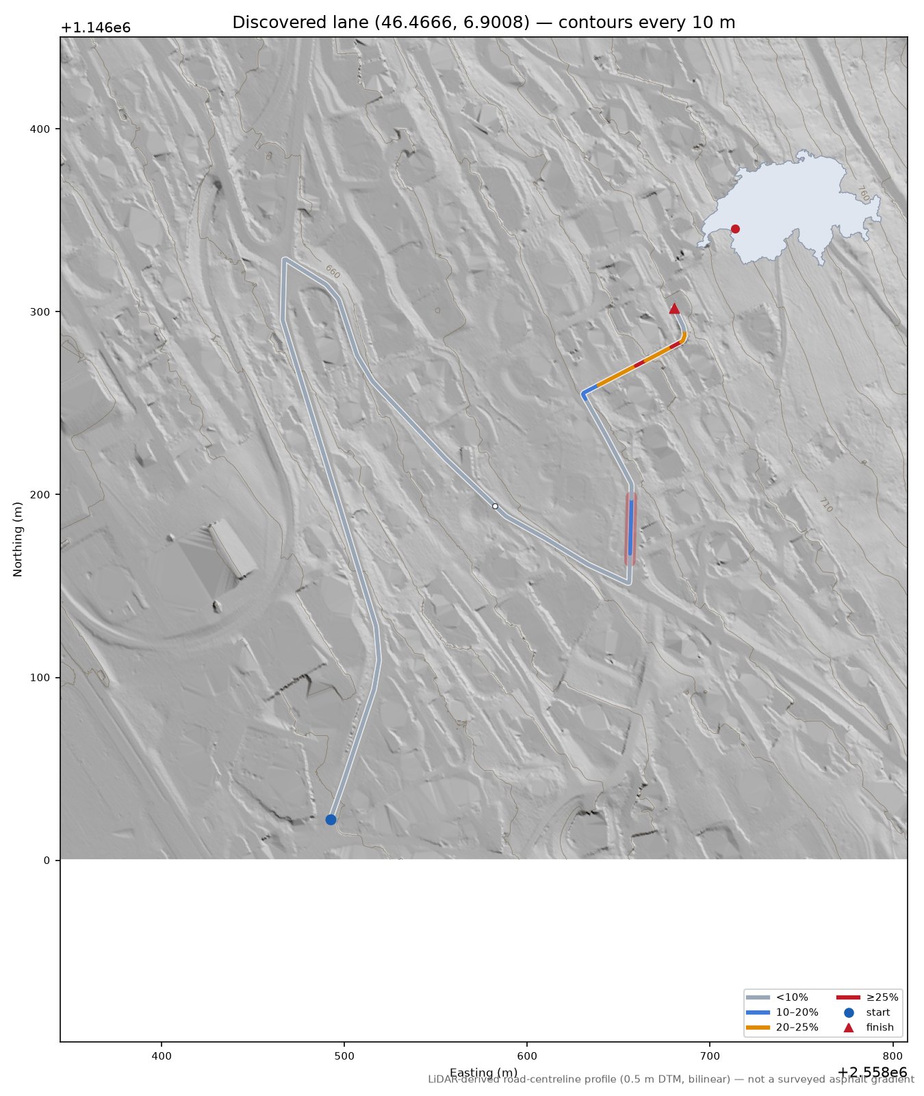 Discovered lane (46.4666, 6.9008) LiDAR hillshade map with contours