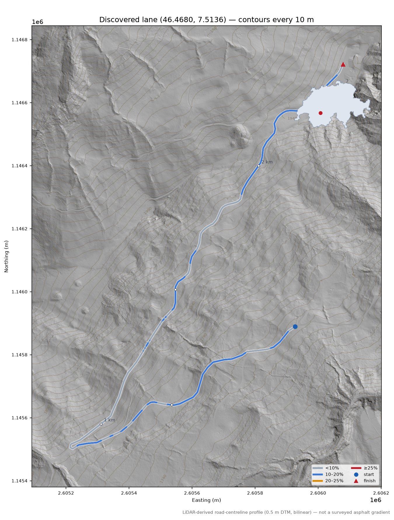 Discovered lane (46.4680, 7.5136) LiDAR hillshade map with contours
