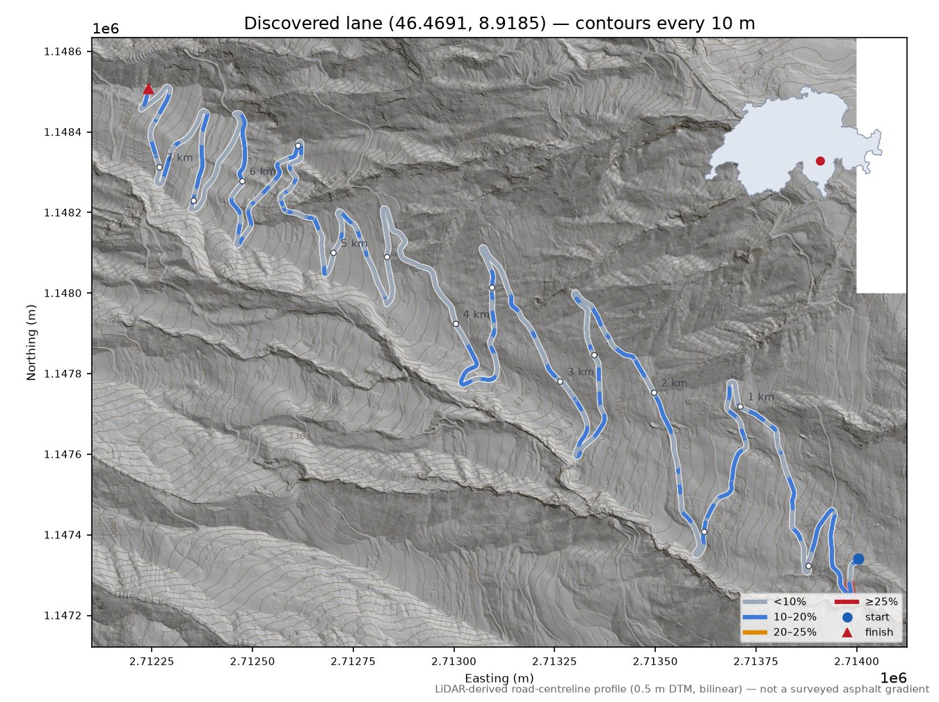Discovered lane (46.4691, 8.9185) LiDAR hillshade map with contours