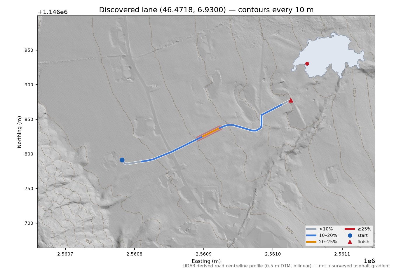 Discovered lane (46.4718, 6.9300) LiDAR hillshade map with contours