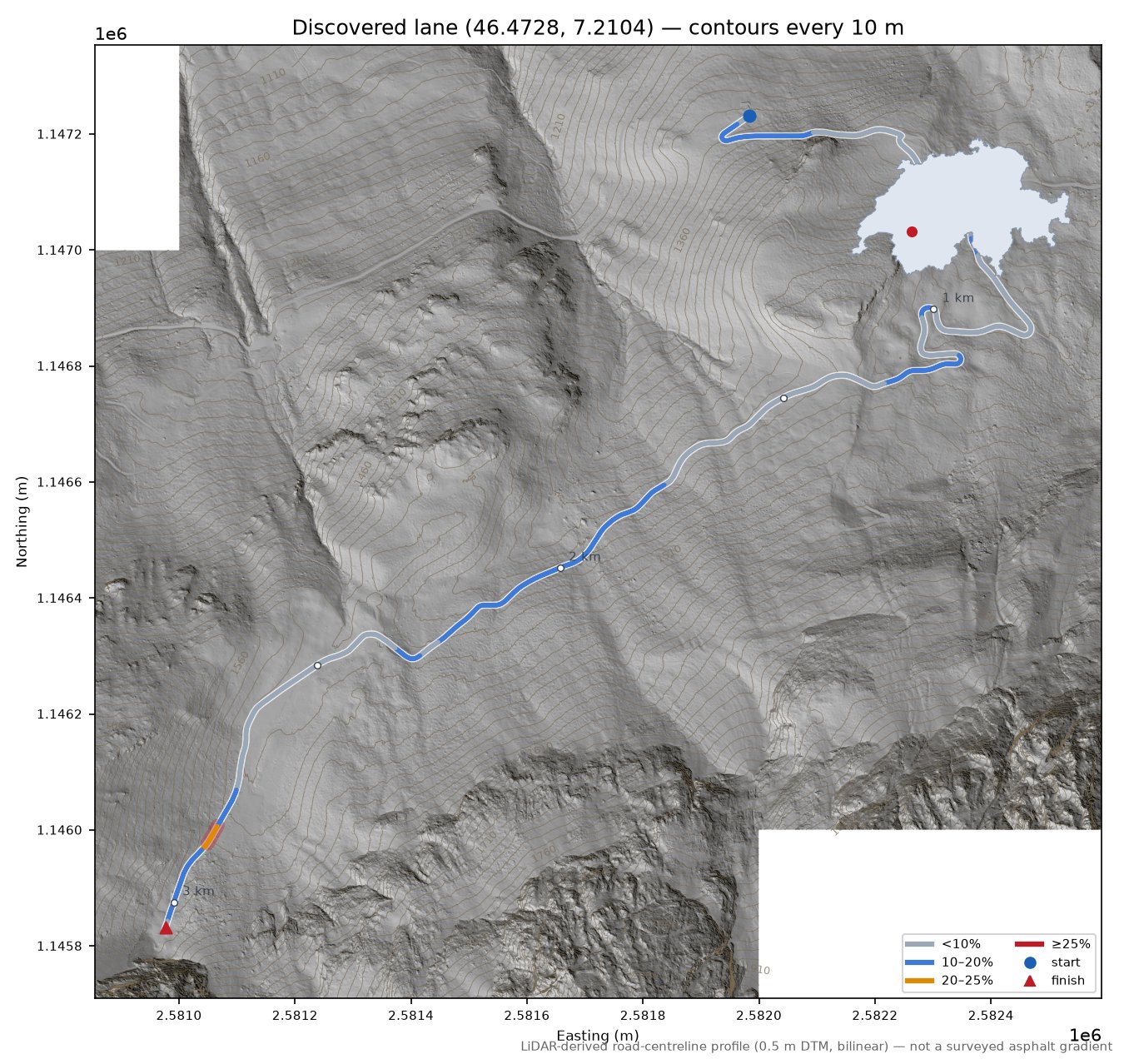 Discovered lane (46.4728, 7.2104) LiDAR hillshade map with contours